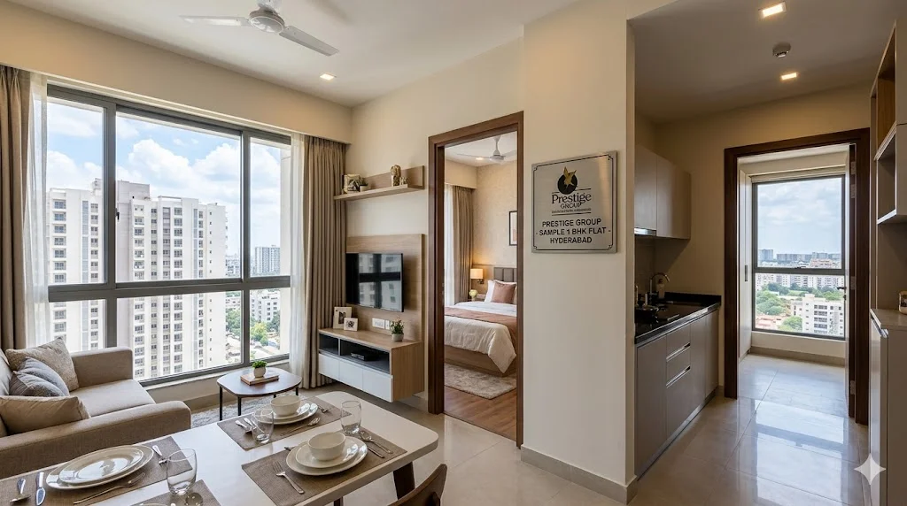 Smartly designed interior of a premium 1 BHK flat by Prestige Group in Hyderabad.